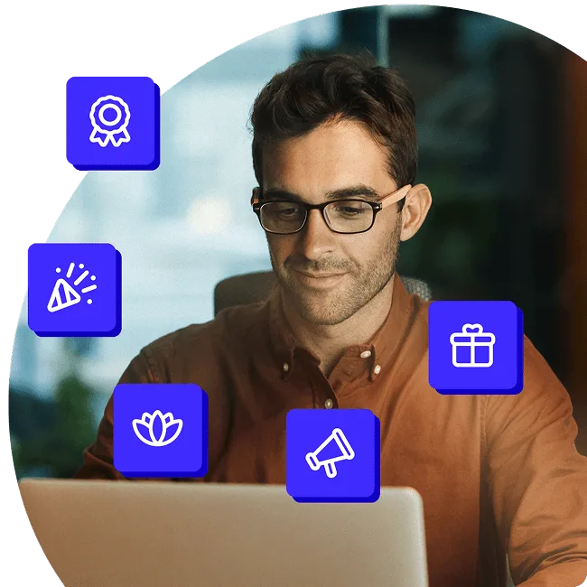 Man in glasses sitting at his laptop, surrounded by employee rewards icons.
